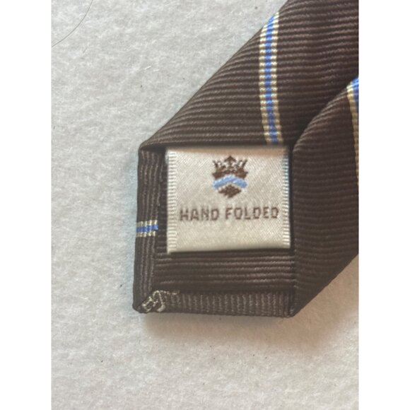 Peter Millar Mens Brown Silk Tie With Blue Stripes & Embroidered Logo - Picture 5 of 6